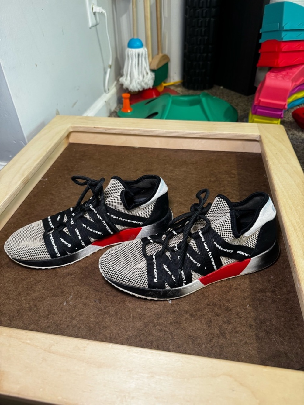 Diane Von Furstenberg Beige and Black Mesh Athletic Sneaker with Red Accent - Picture 5 of 9